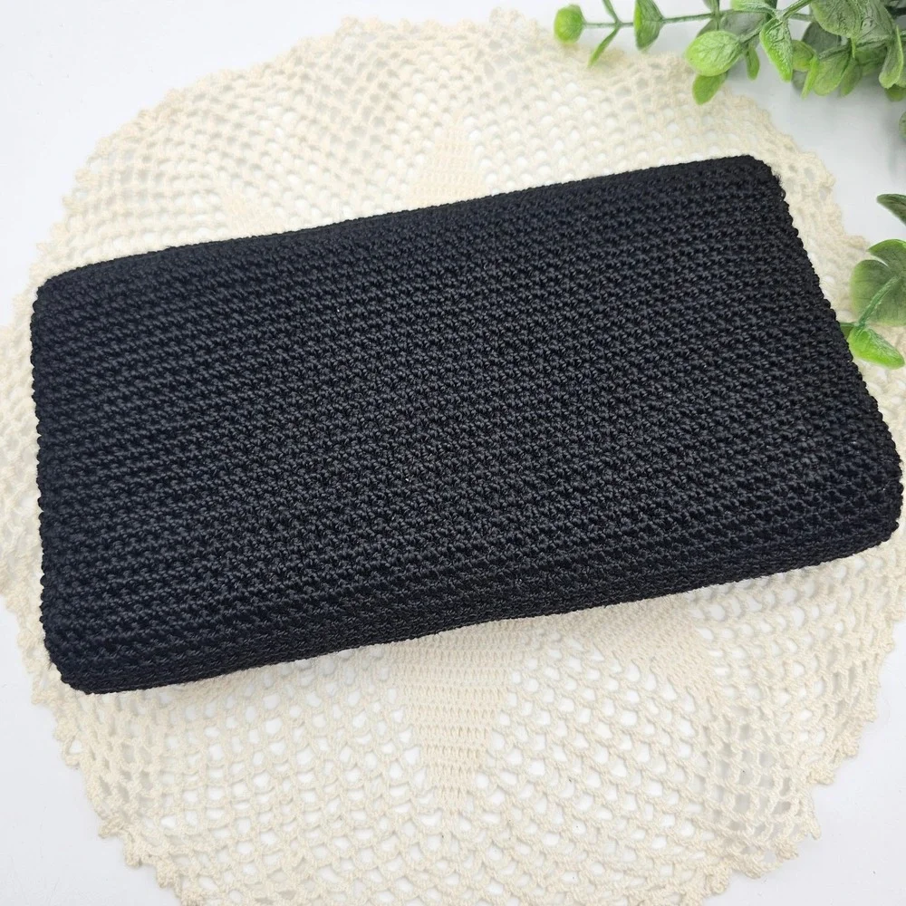 The Sak Black Woven Raffia Clutch Wallet Organizer Snap Closure